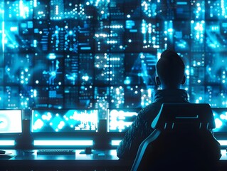 Poster - Cybersecurity Expert Monitoring Quantum Encrypted Data Streams in Futuristic Command Center