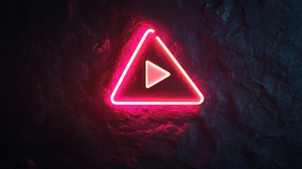 Sticker - Neon play button on a black background signals the option to start viewing video or audio content. Press to play. 