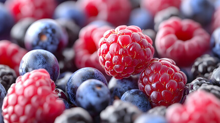 Close-up of Fresh Raspberries and Blueberries - Realistic Photo