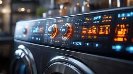 Close up of a modern washing machine's control panel with glowing digital displays.