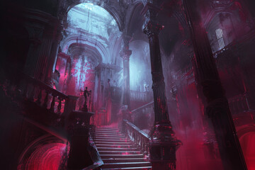 Wall Mural - A dark, eerie, and mysterious scene with a staircase leading up to a tower