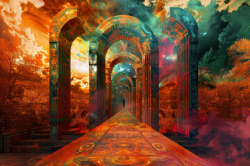 Wall Mural - A colorful painting of a tunnel with a person walking through it