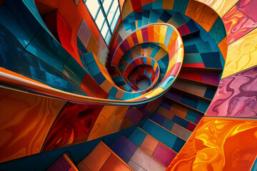 Canvas Print - A spiral staircase with colorful tiles