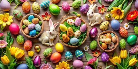 Wall Mural - Colorful Easter Clipart Collection with Eggs, Bunnies, Flowers, and Spring-Themed Decorations