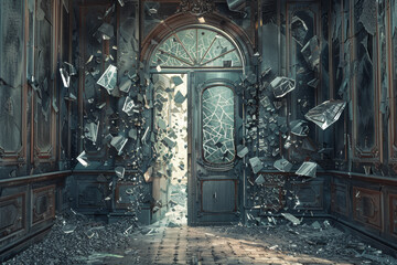 Wall Mural - A room with a broken door and shattered glass