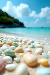 Vibrant, smooth pebbles of various colors lie on a scenic beach by the ocean. The sunny landscape and calm waters create a serene atmosphere.