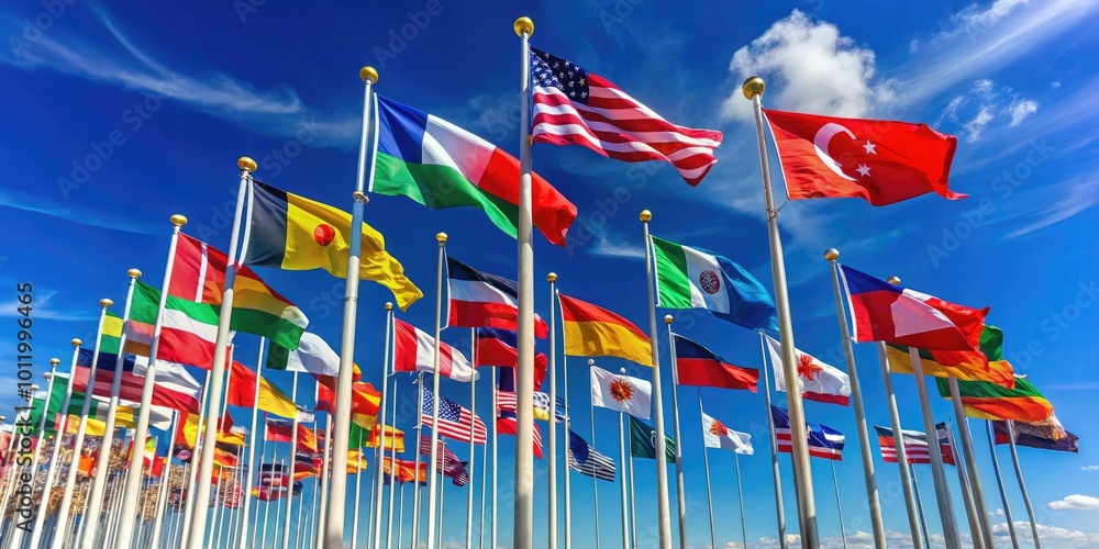Colorful Flags of Various Countries Flying in the Wind Against a Clear ...