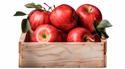 Fresh red apples displayed in a wooden box isolated on a white background for graphic use