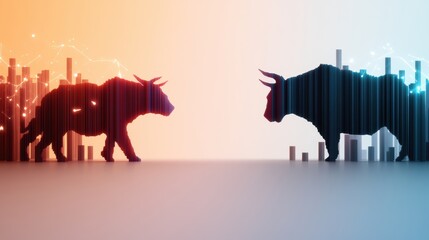 Sticker - A digital illustration of a bull and bear market with arrows representing upward and downward trends, emphasizing market volatility.