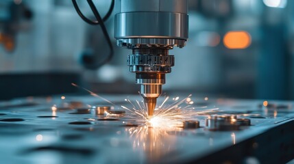 Close-up of industrial equipment in motion, producing parts with high precision and speed.