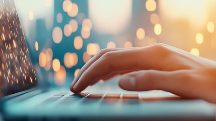 Poster - A close up shot of a hand typing on a laptop keyboard, actively participating in a virtual meeting, with a focus on the video conference window.