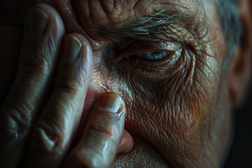 Wall Mural - A man with a wrinkled face and a blue eye