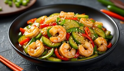 Spicy Chinese Cucumber Salad Garnished with Sesame Seeds on a Simple Background