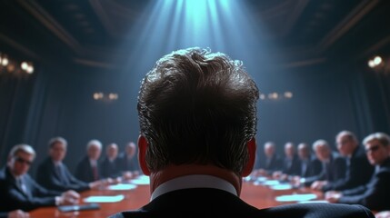 Poster - A group of executives, in a boardroom, engage in a heated debate, weighing various options and making a crucial decision about the company future.