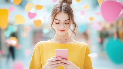 Wall Mural - A young woman uses a smartphone to browse through an online store, highlighting the impact of targeted digital marketing campaigns on consumer behavior.