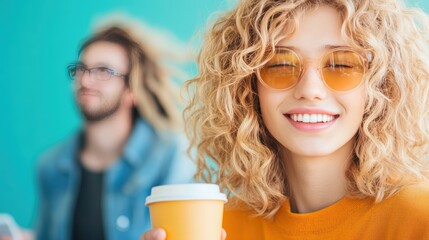 Sticker - A group of young entrepreneurs in a modern coworking space, discussing their business plan over coffee. They are animated and engaged in the conversation.