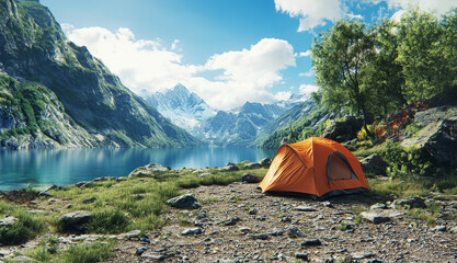 camping tent at scenic wild campsite on a lake shore with mountain range in background