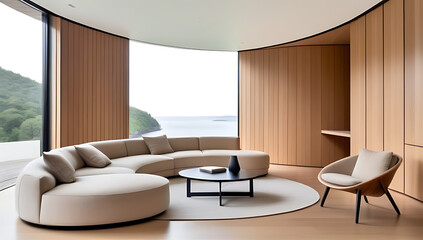 modern living room beige curved sofa barrel chair window room wood paneling walls