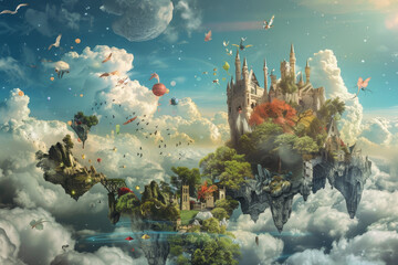 Poster - A painting of a castle with a castle and a tree in the sky