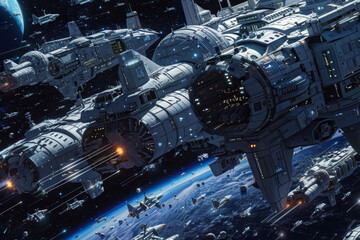 Poster - A space battle is taking place with a large ship in the middle