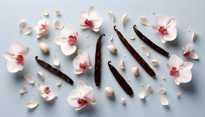 Wall Mural - Elegant arrangement of dry vanilla beans and delicate flowers on serene blue backdrop