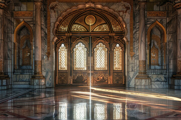 Wall Mural - A large, ornate doorway with gold trim and a large window