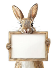 a brown rabbit holding blank white poster with thin wooden frame , isolated on transparent background