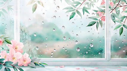 Serene rainy window with blossoms and nature view