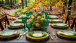 © Anastasia - Beautifully arranged outdoor dining table featuring green glassware and rustic settings, surrounded by autumn foliage. Perfect for a cozy and stylish gathering in nature.
