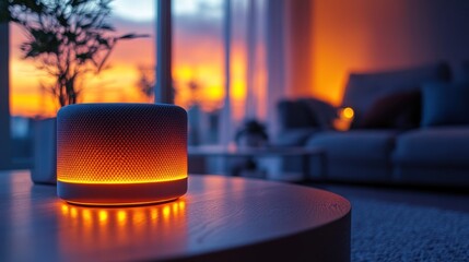 A modern smart speaker with a warm orange light on a coffee table in a living room with a sunset view out the window.