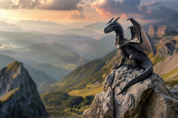 Poster - A black dragon sits on a rocky mountain peak