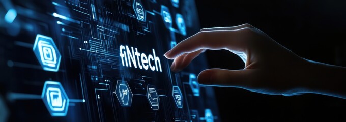 Wall Mural - Fintech concept with hand touching a virtual screen showcasing technological innovation and digital finance