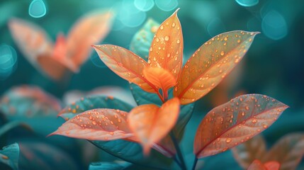 Wall Mural - Close-Up of Dew Drops on Orange Leaves