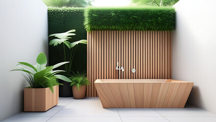 Poster - wooden bathtub greenery