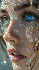 Sticker - Close-up Portrait of a Woman with Water Drops on Her Face