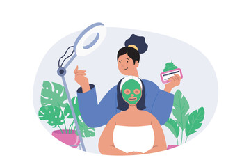 Poster - Beauty salon concept in modern flat design for web. Professional beautician doing skin care treatment with cream and applying facial mask to woman face in studio under lamp. Vector illustration.