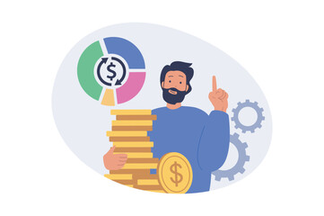 Aufkleber - Business and finance concept in modern flat design for web. Businessman analyzing financial diagrams and calculating coins budget, making success investments, developing career. Vector illustration.