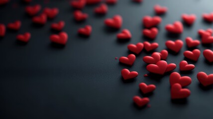 scattered red hearts on a dark surface, symbolizing love and affection.