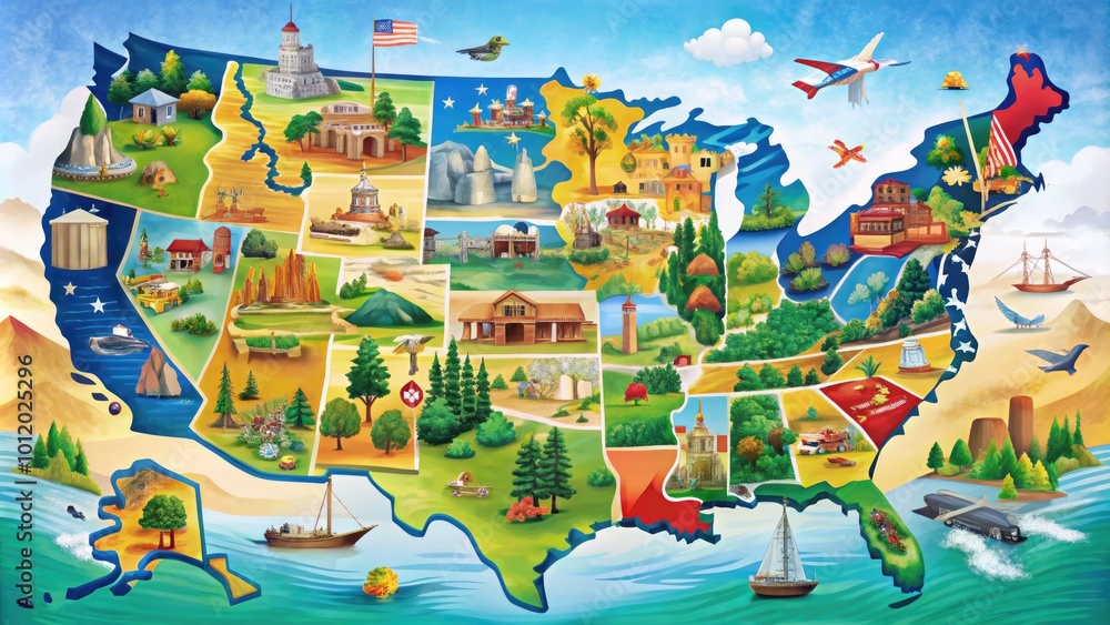 Comprehensive Illustration of All 50 States of the USA Featuring Maps