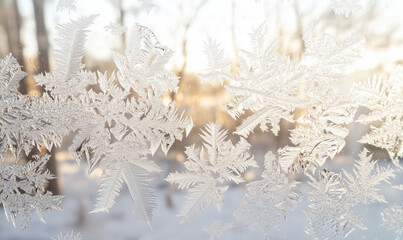 Poster - Morning frost forming intricate patterns on window pane close up macro detail. Winter is coming.