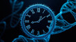 © Sachin - Futuristic digital clock face with DNA helix, representing time and genetics, glowing blue on dark background, concept of biological aging