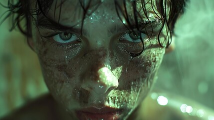 Sticker - Intense Gaze: Close-Up Portrait of a Young Man with Wet Skin