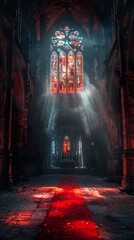 Canvas Print - Gothic Church Interior with Stained Glass Window and Red Carpet