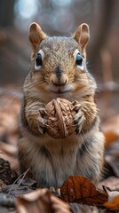 Poster - Cute Squirrel Holding a Walnut in Autumn