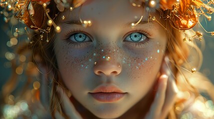 Wall Mural - Enchanted Portrait: A Young Girl with Sparkly Eyes and a Golden Crown