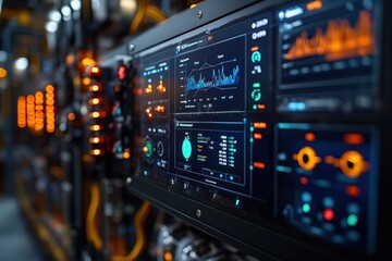 A close-up of a futuristic control panel with a glowing screen displaying graphs, data, and digital readouts.