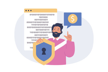 Poster - Cyber security concept in modern flat design for web. Man using protective system for his personal finance accounts with encryptions and locking access with key verification. Vector illustration.