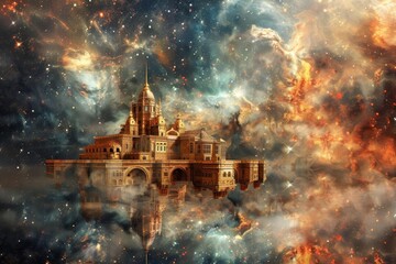 Poster - A majestic castle reflects in a cosmic sea surrounded by vibrant nebulas, showcasing the beauty of a fantastical universe at twilight