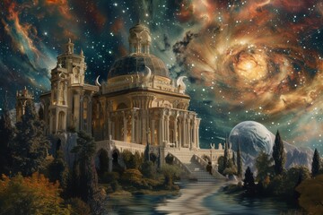 Poster - A majestic castle reflects in a cosmic sea surrounded by vibrant nebulas, showcasing the beauty of a fantastical universe at twilight