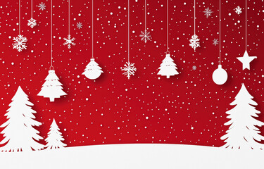 minimalist christmas scene with white trees and snowflakes on red background